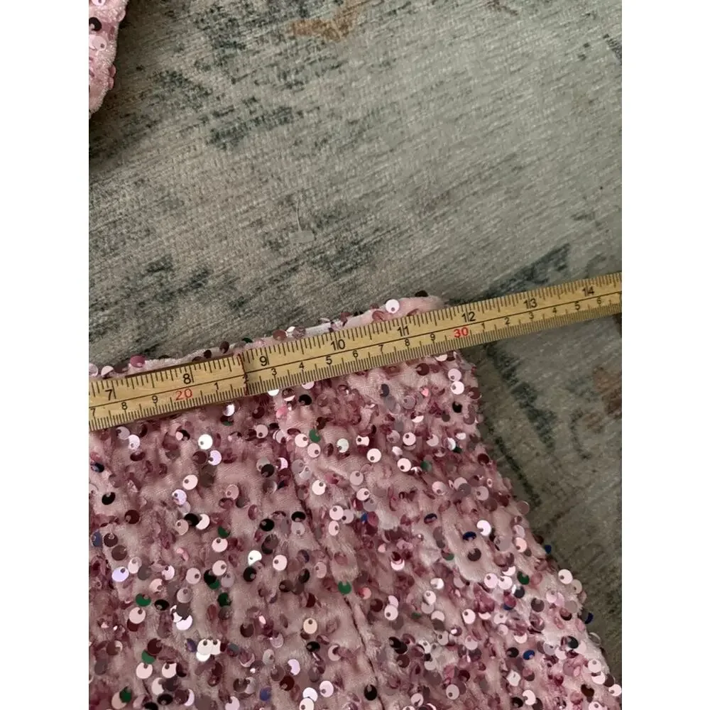 Pink Velour Sequin Matching Set Turtleneck and Mini Shorts XS